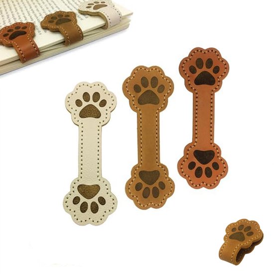 Marque-page patte de chien - Marque-page en cuir - Signets - Signets magnétique - Pour livres scolaires, romans, agendas, livres de cuisine, magazines - Lot de 3 (marron, blanc, café)
