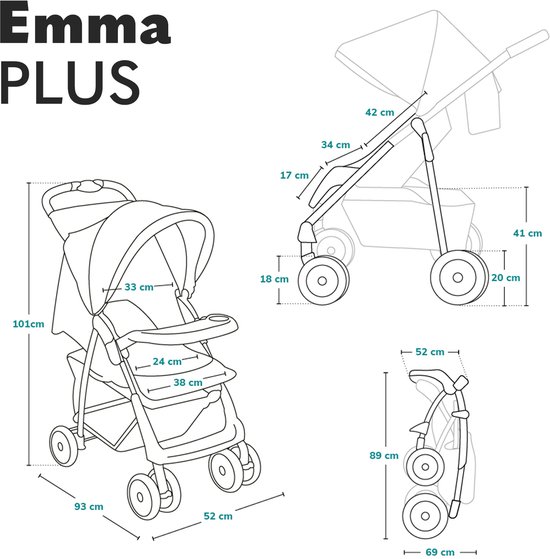 Lionelo Emma Plus - Buggy - Lichte en Duurzame Kinderwagen - 5-Punts Gordel - Rugleuningverstelling tot Ligpositie - Verlengd Luifel met Venster - Grote Mand - Praktische Tas en Organizer - Schokdempers - Geschikt voor Kinderen tot 15 kg van LIONELO — afbeelding 4
