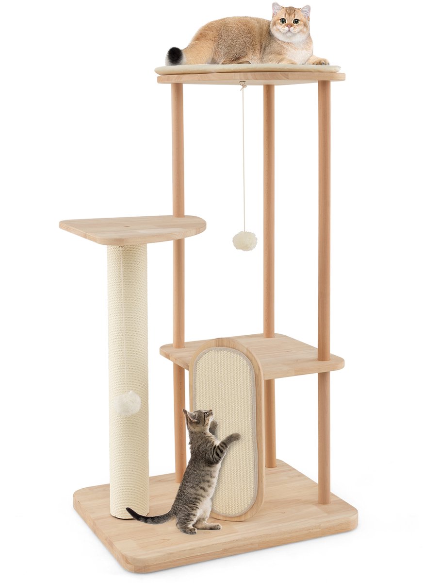 COSTWAY Krabpaal van hout, kattenboom met krabplank & platforms & sisalpalen & speelgoed, kattenkrabpaal, kattentoren, modern, kattenmeubel, activiteitenboom, klimboom, speelboom, natuur