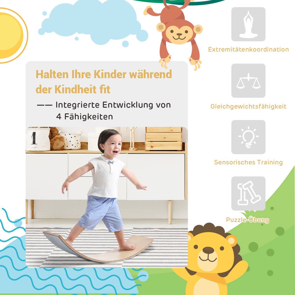 Balance Board Kurviges Board Balancierbrett aus Holz für Kinder