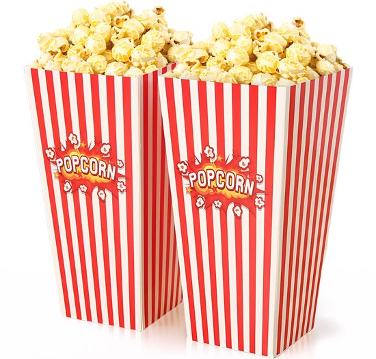 Twee gevulde rode en witte gestreepte popcornbakjes.
