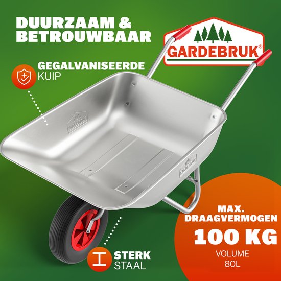 Zilveren Gardebruk kruiwagen, gegalvaniseerde kuip, 80 liter, 100 kg draagvermogen.