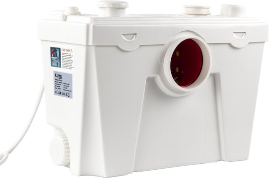 Witte fecaliënvermaler met een rode opening aan de zijkant en een label met 'KIBANI Sewage Pump'.