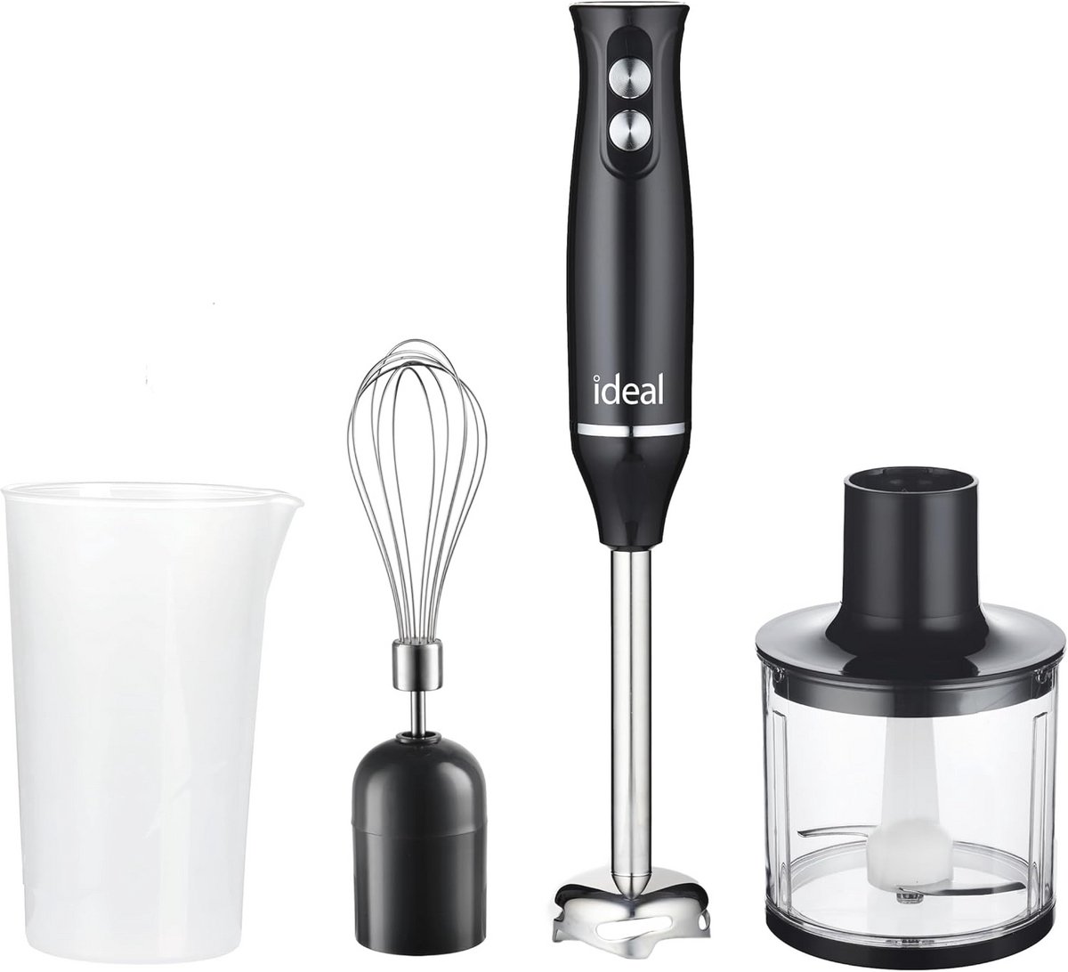 Multifunctionele staafmixer met hakmolen en maatbekers - 500W, ergonomisch ontwerp, zwart