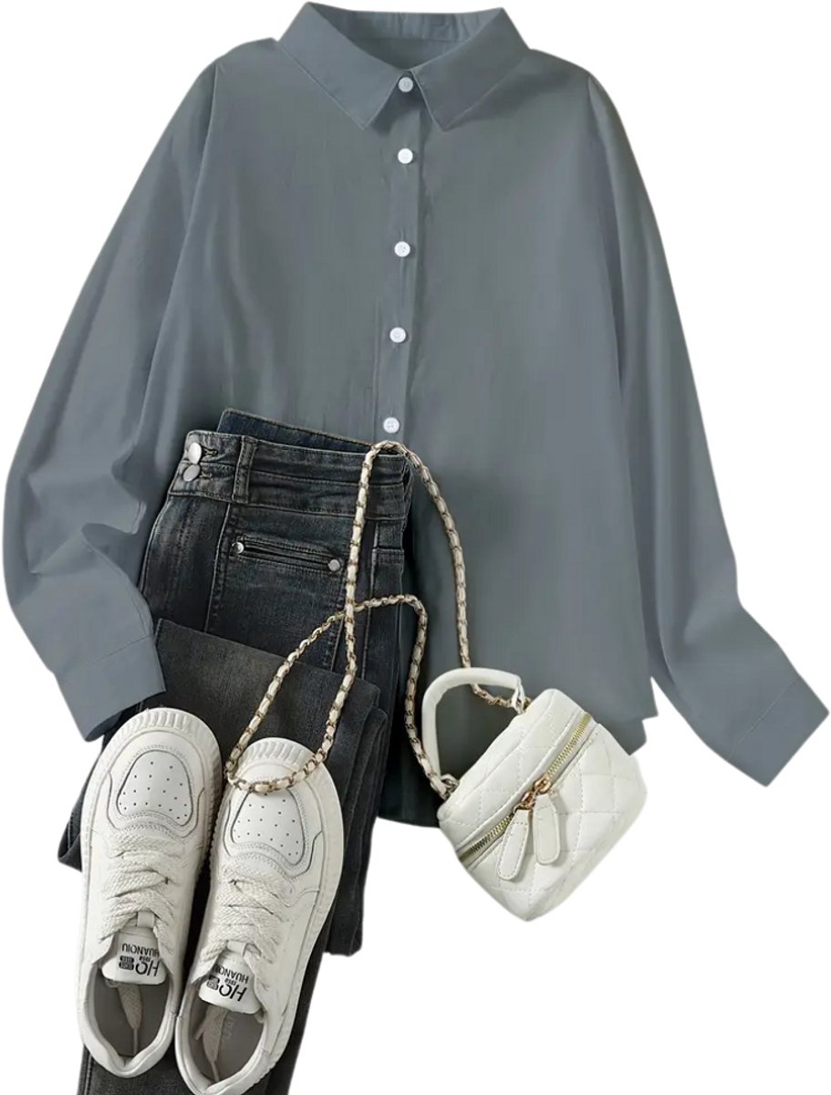 Nivard Linnen Blouse Dames T-Shirt Polo Overhemd Shirt Zomer Ibiza Stijl Grijs