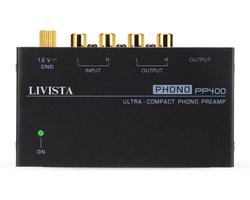 Livista premium platenvoorversterker – geschikt voor platenspelers – met RIAA-correctie – RCA audio-in- en uitgang – metalen behuizing – zwart