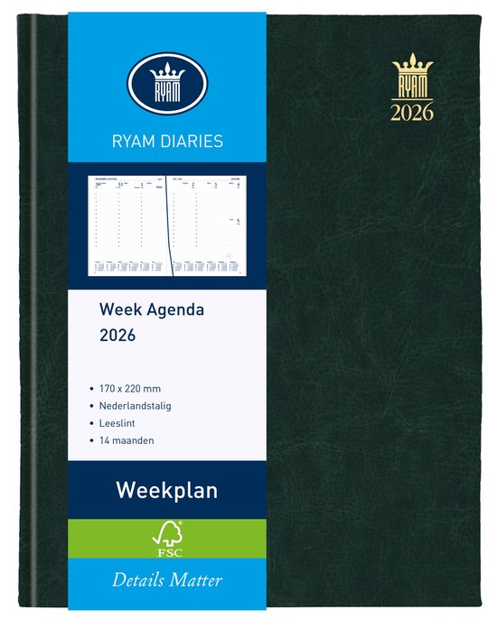 Ryam | Bureau agenda | Weekplan Wit NL Mundior | 2026 | Genaaid gebonden | 170 x 220 mm | 14 mnd | Zwart |