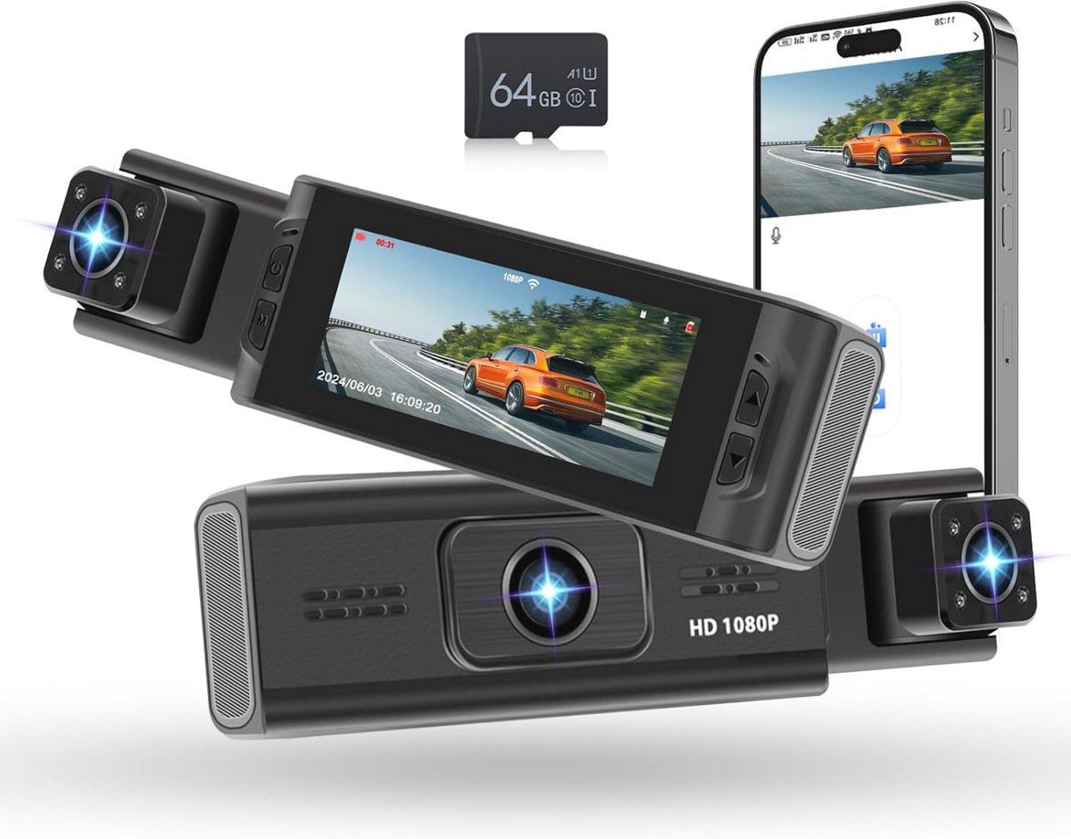 Dashcam voor en achter met 3,16 inch IPS-scherm en WiFi-verbinding - 1080p HD autobeveiligingscamera