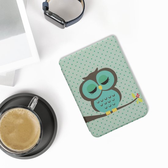 kwmobile e-reader hoesje geschikt voor Kobo Clara BW / Colour hoes - E reader flip case met magnetische sluiting - Ereader cover - Slapende Uil design in turquoise / bruin / mintgroen van Merkloos — afbeelding 3
