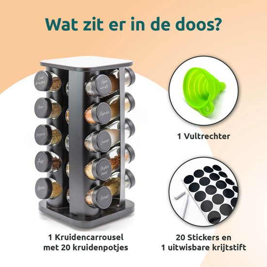 Inhoud van de doos: kruidenrek, trechter, 20 stickers en krijtstift.