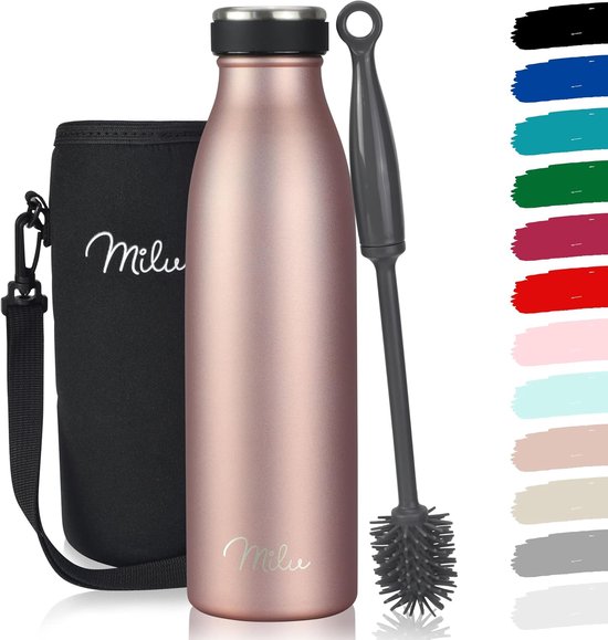 Gourde en acier inoxydable, 350 ml, 500 ml, 750 ml, 1000 ml, bouteille thermos, bouteille isotherme, bouteille thermos étanche, à double paroi, adaptée à la carbonatation, y compris brosse de nettoyage (or rose, 500 ml)