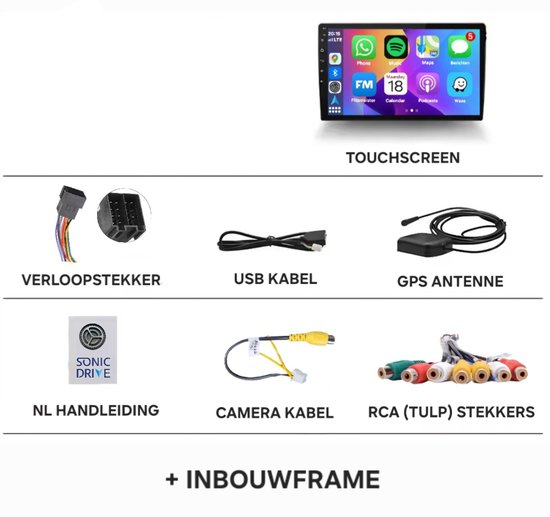 Touchscreen, verloopstekker, USB kabel, GPS antenne, handleiding en camera kabel met RCA (Tulp) stekkers.