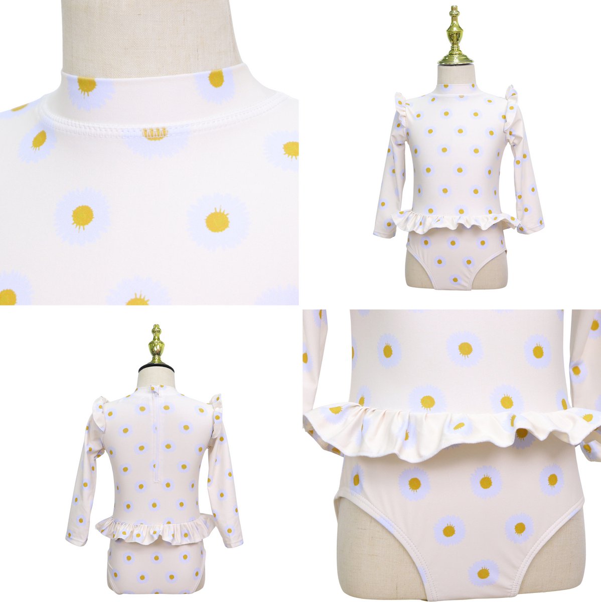 Joya Kids® Badpak Lange Mouw Gebroken Wit met Bloemen print met Ruches Meisjes | Zwempak met ruches UV Badpak Madeliefjes | Zwempak Lange Mouw UV Bescherming | Meisje Bikini Zomer | Kinderbadpak Peuter | | 2 - 3 Jaar — afbeelding 8