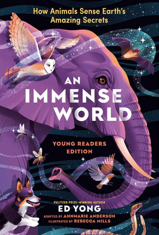 Een olifant met een uil, vleermuis, insecten en een hond. "An Immense World: How Animals Sense Earth's Amazing Secrets."