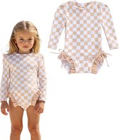 Joya Kids® Badpak Lange Mouw Beige en Wit Geblokt met Ruches Meisjes | Zwempak met ruches UV Badpak Bruin | Zwempak Lange Mouw UV Bescherming Blokjes | Meisje Bikini Zomer | Kinderbadpak Peuter | Maat 6-12 Maanden