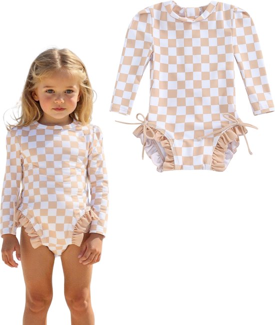 Joya Kids® Badpak Lange Mouw Beige en Wit Geblokt met Ruches Meisjes | Zwempak met ruches UV Badpak Bruin | Zwempak Lange Mouw UV Bescherming Blokjes | Meisje Bikini Zomer | Kinderbadpak Peuter | Maat 6-12 Maanden