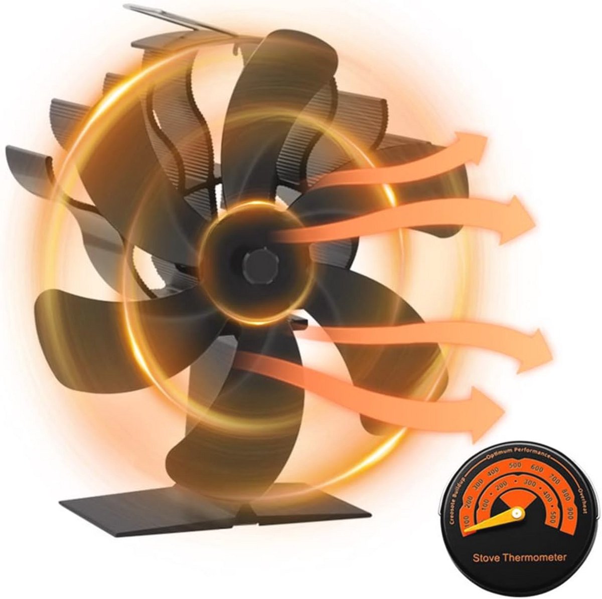 Kachelventilator met 6 Vleugels en Thermometer - Warmteaangedreven Houtkachelventilator