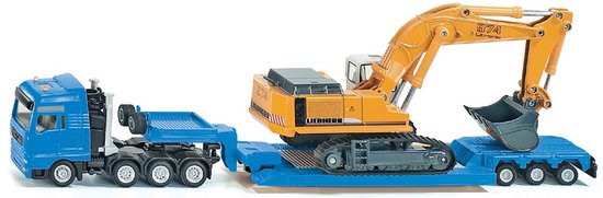 SIKU 1847, MAN Vrachtwagen met Liebherr dieplader, 1:87, metaal/kunststof, blauw/geel, ontkoppelbare aanhanger