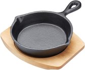 Bol.com Mini gietijzeren koekenpan met houten serveerplank - grillpan voor fajita's en tapas - 1 stuk - zwart - gietijzer - 15 x... aanbieding
