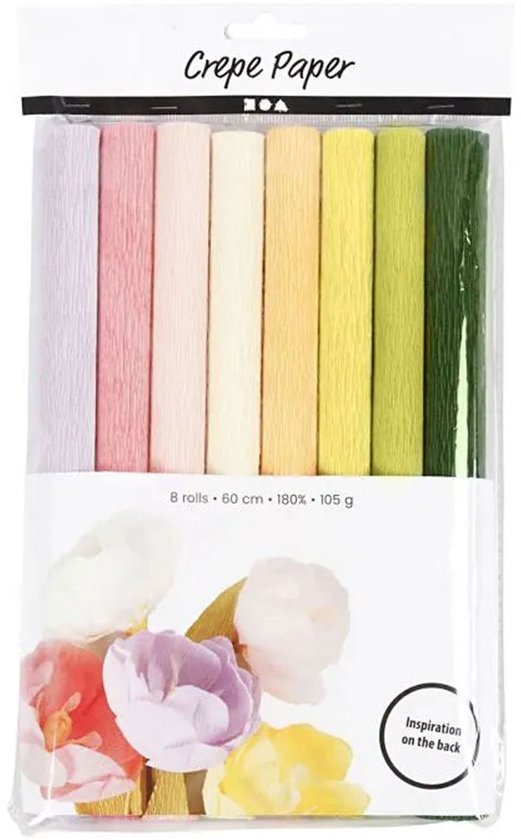 Lot de 8 rouleaux de papier crépon dans des tons pastel avec une illustration florale et le texte 'Inspiration on the back'.