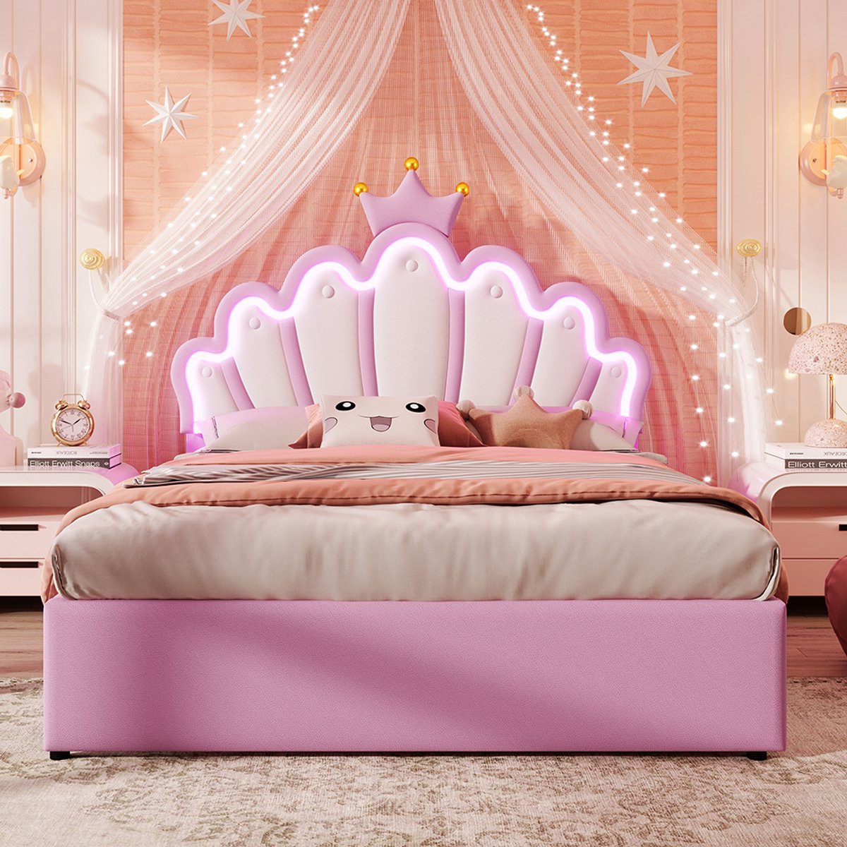 Pugsdrly Kinderbed 140x200 cm met 2 Opbergladen Afstandsbedienbare Sfeerverlichting Prinsessenbed in Kroonvorm Verstelbaar Hoofdeinde PU Roze