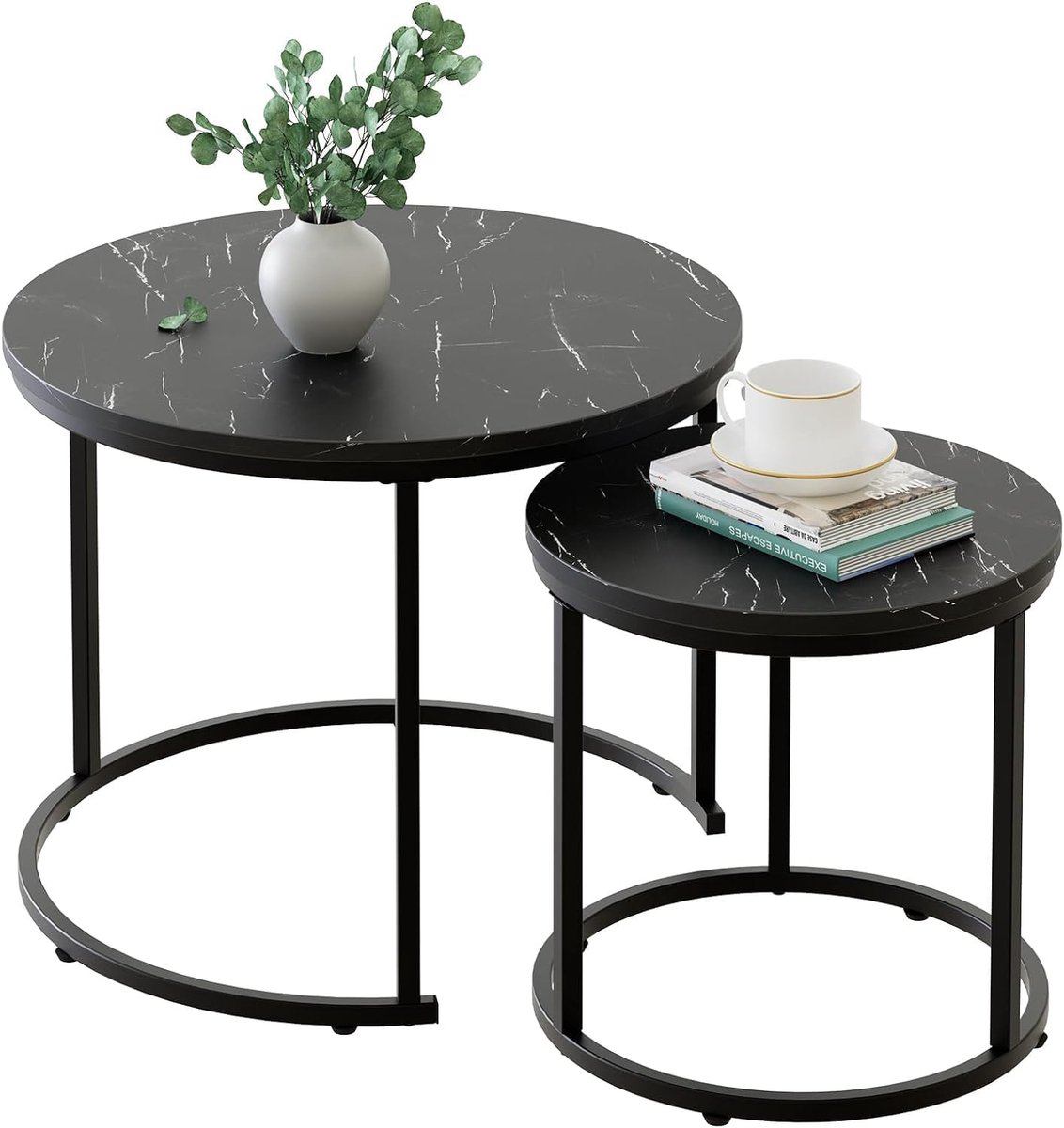 Set van 2 Ronde Salontafels - Bijzettafels met Metalen Frame voor Woonkamer/Slaapkamer/Balkon