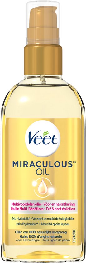 Gouden fles met pompdispenser, met het Veet logo en 'Miraculous Oil'. Geeft 24u hydratatie en verzacht de huid.