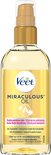 Gouden fles met pompdispenser, met het Veet logo en 'Miraculous Oil'. Geeft 24u hydratatie en verzacht de huid.