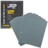 Doos CROP SANDING SHEETS en een waaier van grijs schuurpapier.