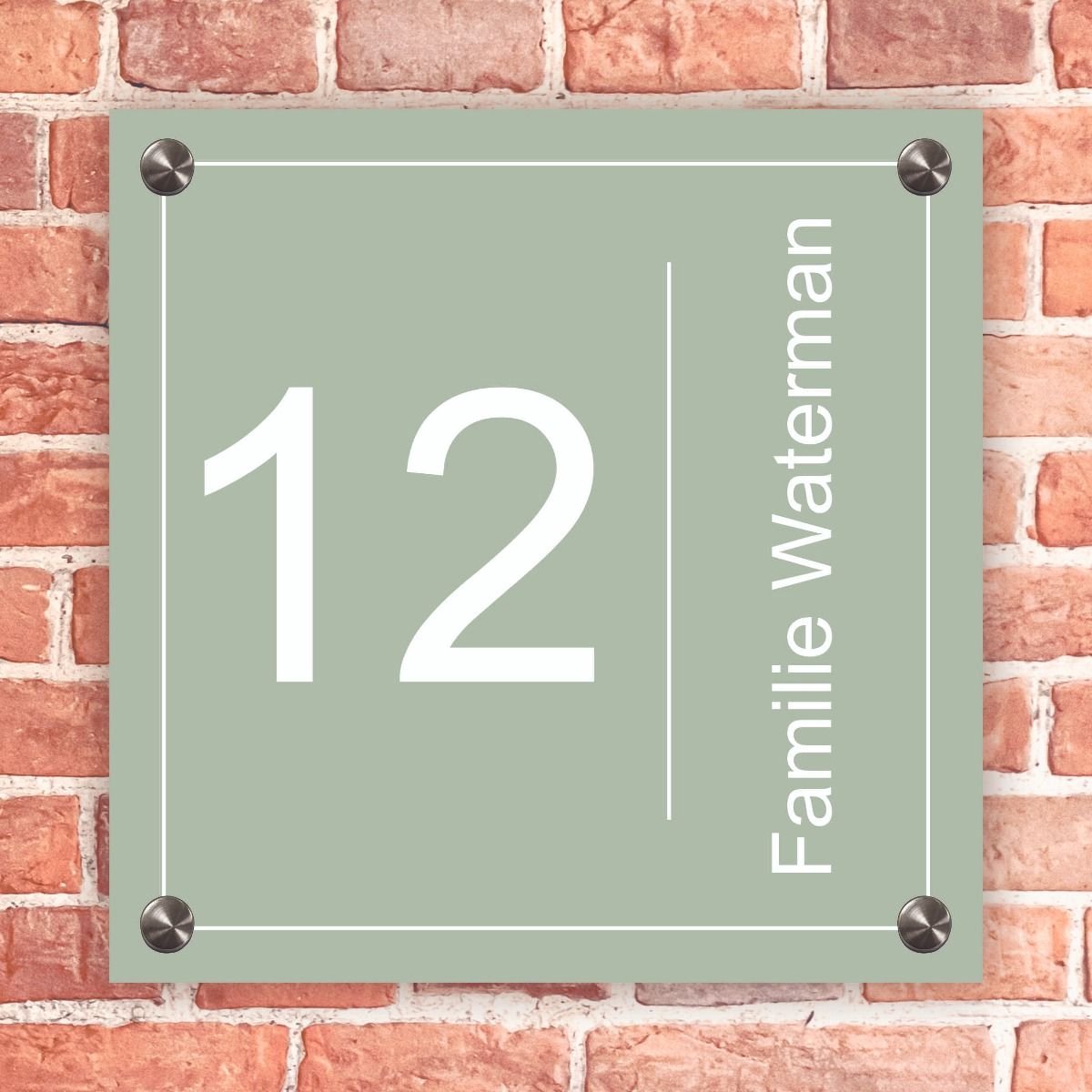 Naambordje Voordeur Vierkant – Lichtgroen met Wit Kader – 15x15 cm – Inclusief RVS Bevestigingsmateriaal