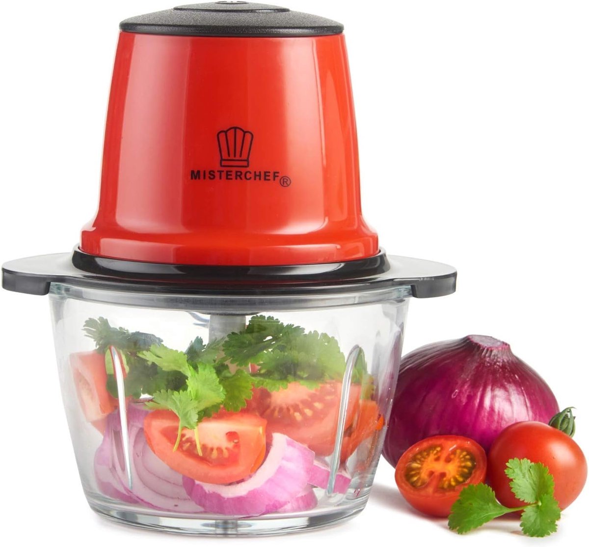 Rode Mini Chopper Blender - 200W Keukenmachine met Turbo en 1.5L Glazen Kom