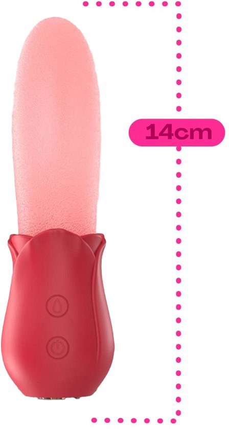 Rode tounge vibrator met roze, tongvormige opzetstuk. Afmeting 14cm aangegeven.