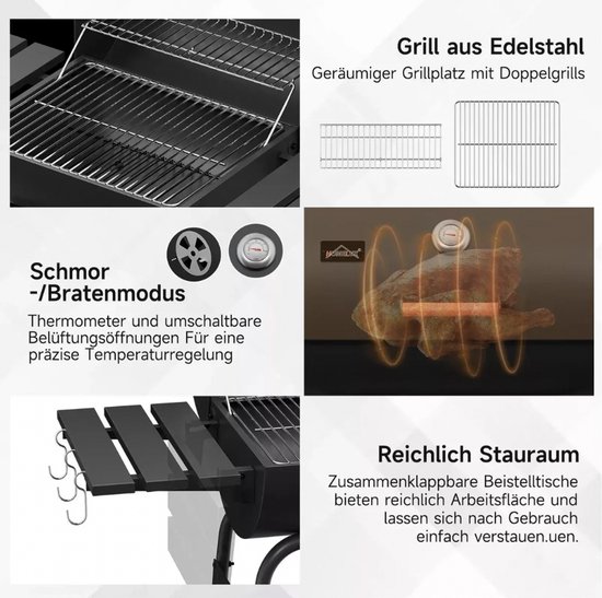 Houtskool BBQ - Smoker - Barbecues - Grill wagen met thermometer - Stevig - EU gecertificeerd - Zwart van MAXXgarden — afbeelding 5