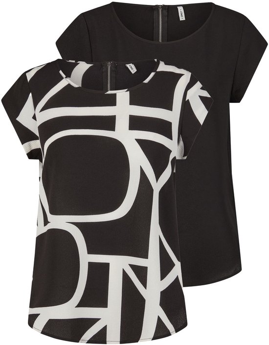 Een zwart t-shirt en een zwart t-shirt met grafische print, met ritssluiting aan de achterkant.