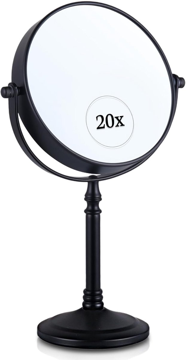 Dubbelzijdige Make-up Spiegel - 20x Vergroot - 1 Stuk - Zwart - 15 cm x 30 cm
