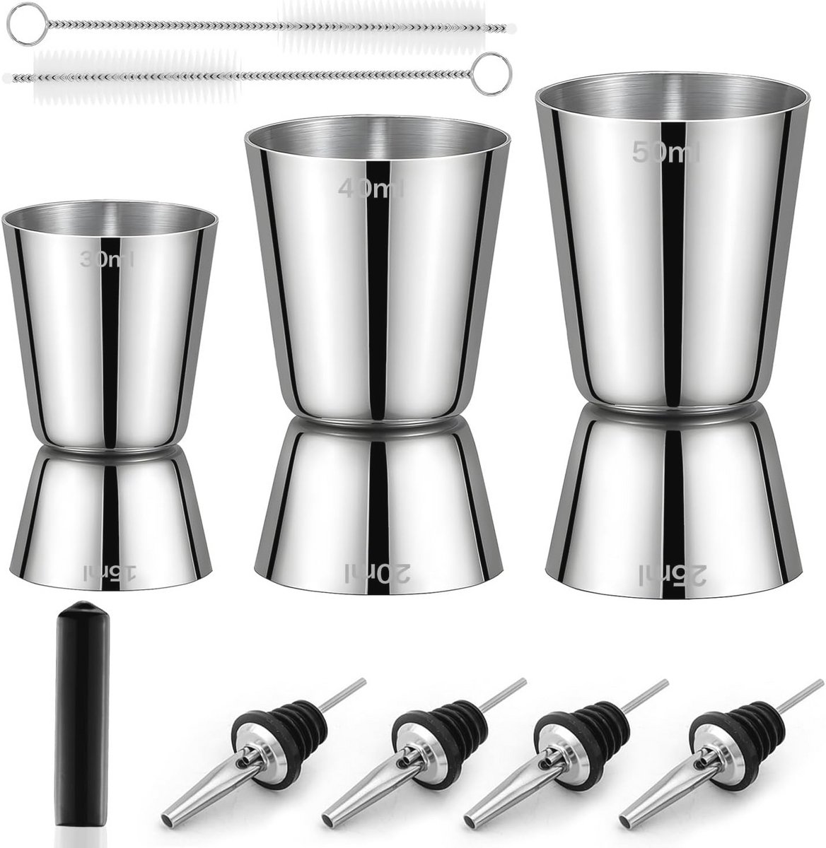 Dubbele cocktailmaatbeker 30 ml/40 ml/50 ml - Professionele roestvrijstalen cocktaildispenser met schenktuit en reinigingsborstel voor bar en dranken