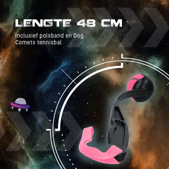 Zwarte werpstok van 48 cm met roze polsband en roze tennisbal. Inclusief polsband.