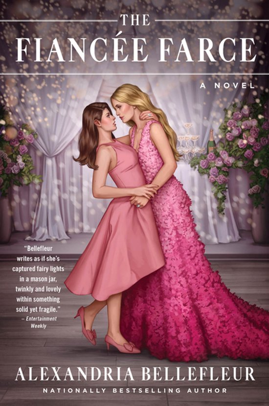Twee vrouwen in roze jurken omhelzen elkaar. Titel: The Fiancée Farce.