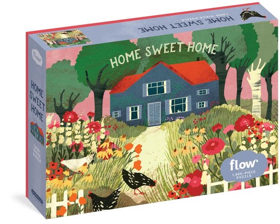 Puzzeldoos met een blauw huis met rode dakpannen, omringd door bloemen en kippen. Tekst: "Home Sweet Home".