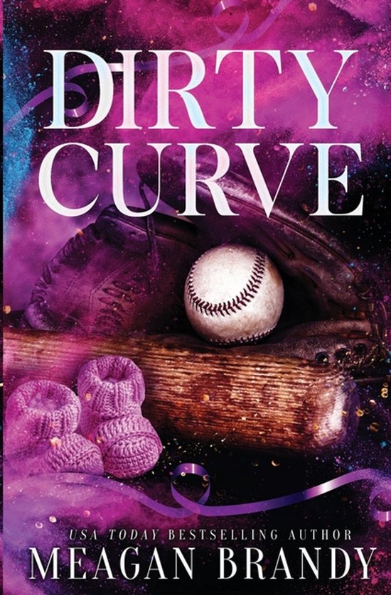 Couverture du livre : 'Dirty Curve' avec un gant de baseball, une balle de baseball, des chaussons pour bébé et une batte, avec des confettis violets et roses.