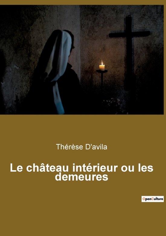 Une religieuse en habit, avec un voile blanc, près d'une bougie allumée et d'une croix.