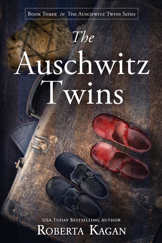 Boekomslag: 'The Auschwitz Twins'. Twee paar kinderschoentjes, rood en zwart, op een oude koffer.