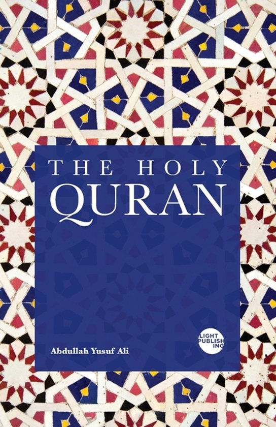 Het Heilige Koraan boek, met een mozaïek achtergrond in rode, witte, blauwe en zwarte tinten. De titel 'THE HOLY QURAN' is in witte letters.