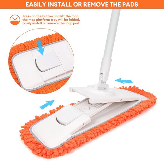 Mops voor vloerreiniging, natte neveldweil met 6 wasbare microvezelpads, 1 schraper, 1 dweilhouder, houten vloerdweil voor thuis of commercieel droog nat gebruik, platte dweil voor muur, hardhout