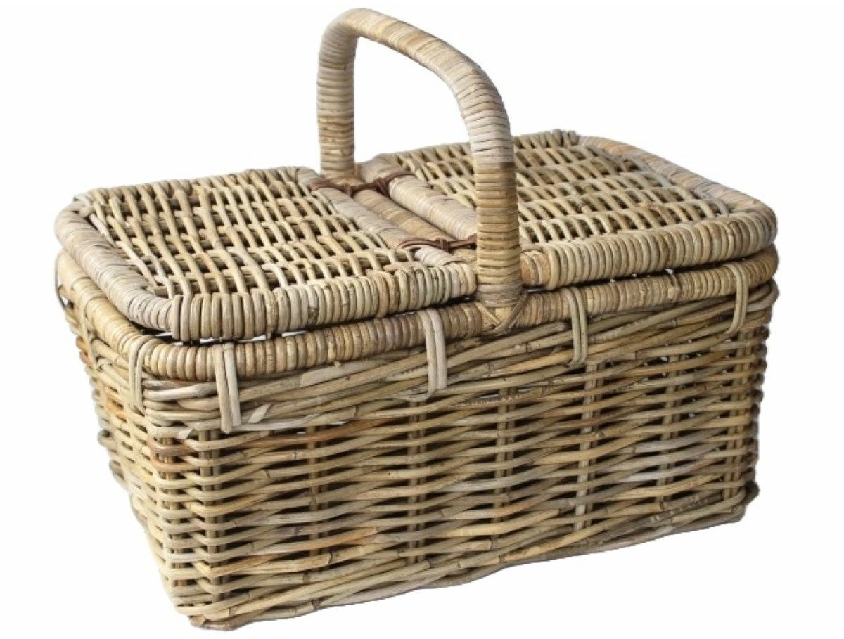 Van der Leeden Picknickmand met hengsel - bruin - 50 x 35 x 25 cm - rotan - gevlochten riet - opbergmand - bloempot/plantenpot