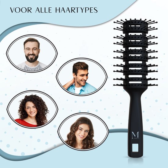 Zwarte, open haarborstel en afbeeldingen van drie mannen en één vrouw met verschillende haartypes.