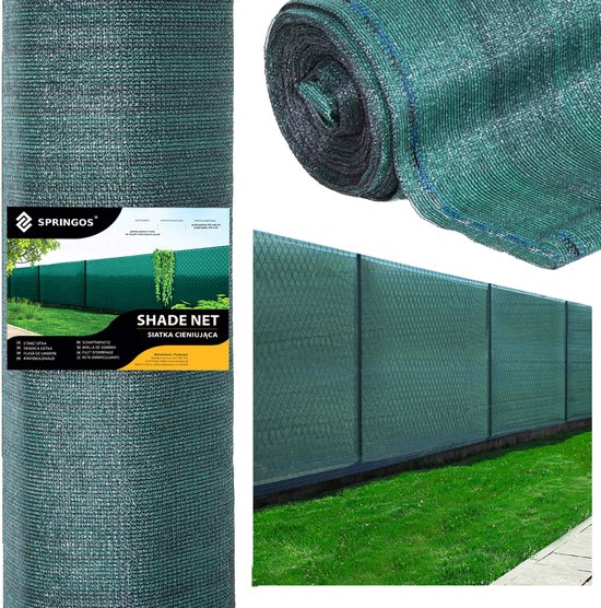 Groene schaduwdoekrol met kabelbinders. De verpakking toont een hek met schaduwdoek.