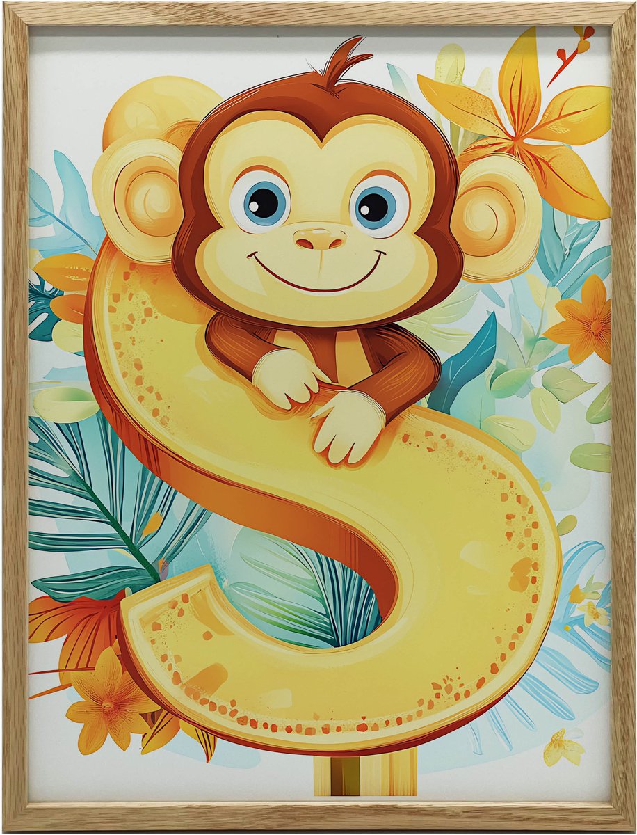 Poster Voor Muur In Gouden Aluminium Frame, Merry Monkey, Letter S, 40X50Cm