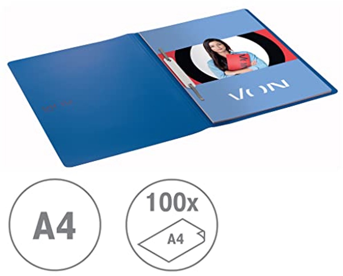 VON Leitz pak van 10 losbladige ordners A4, PP-kunststof, voor 100 vel, lichtgewicht softcover map met moderne VON-print, voor school en thuis, blauw, 46790035