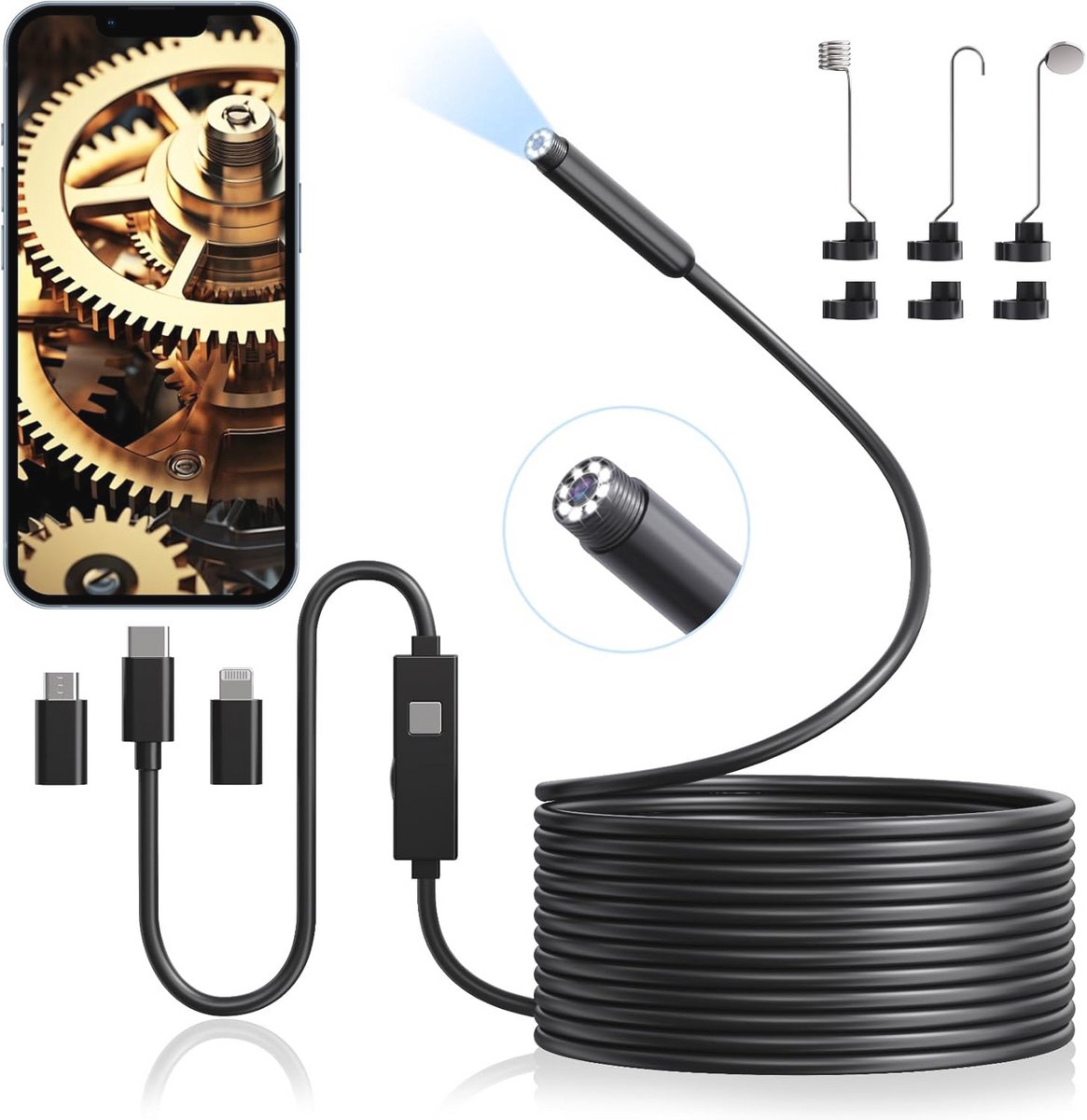 Endoscoopcamera voor smartphone - HD-resolutie - Waterdicht met 8 LED's - 5m Flexibele Kabel voor Android en iOS